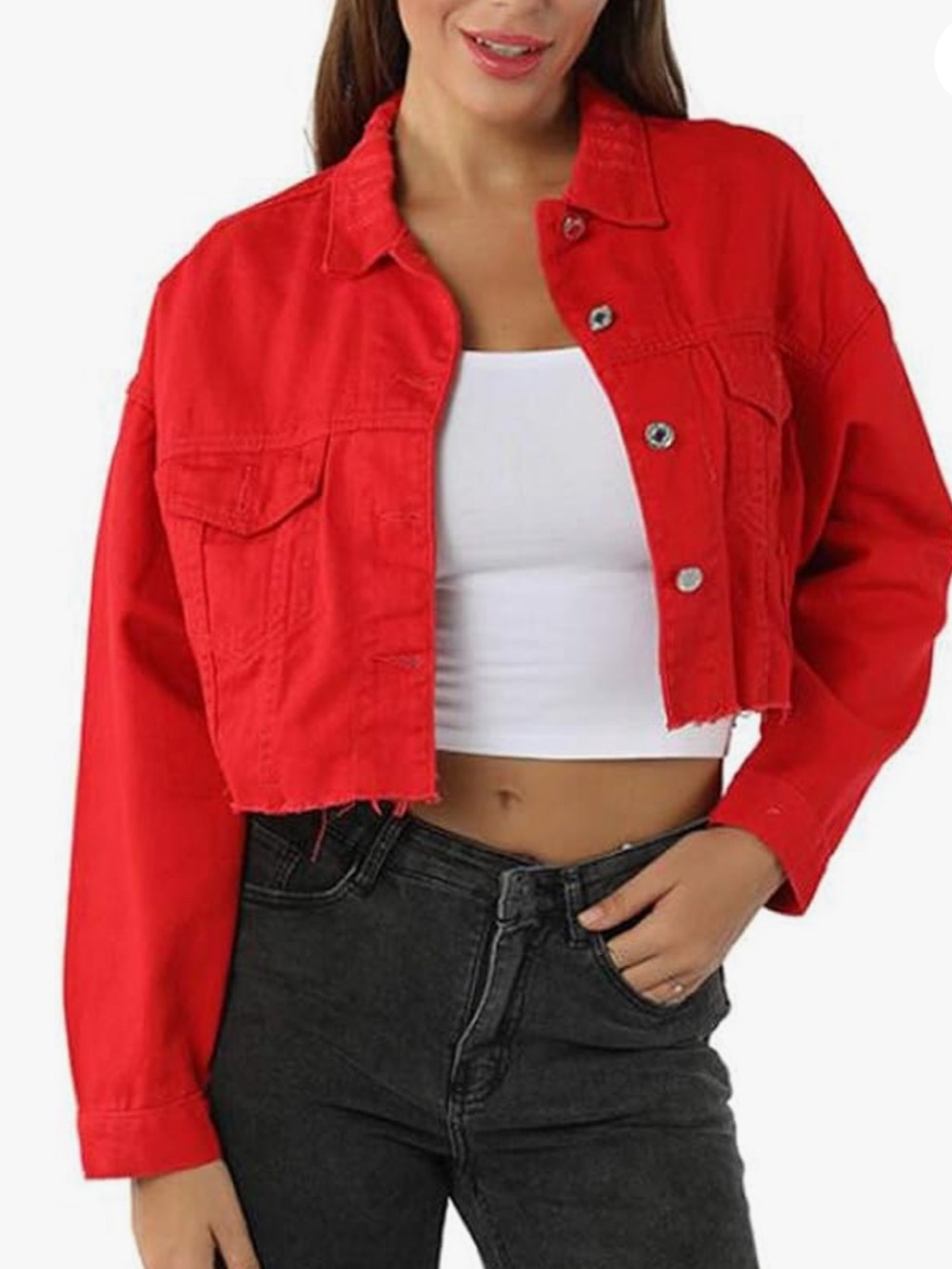 Red Cropped Distressed Jean Jacket - Women’s Medium